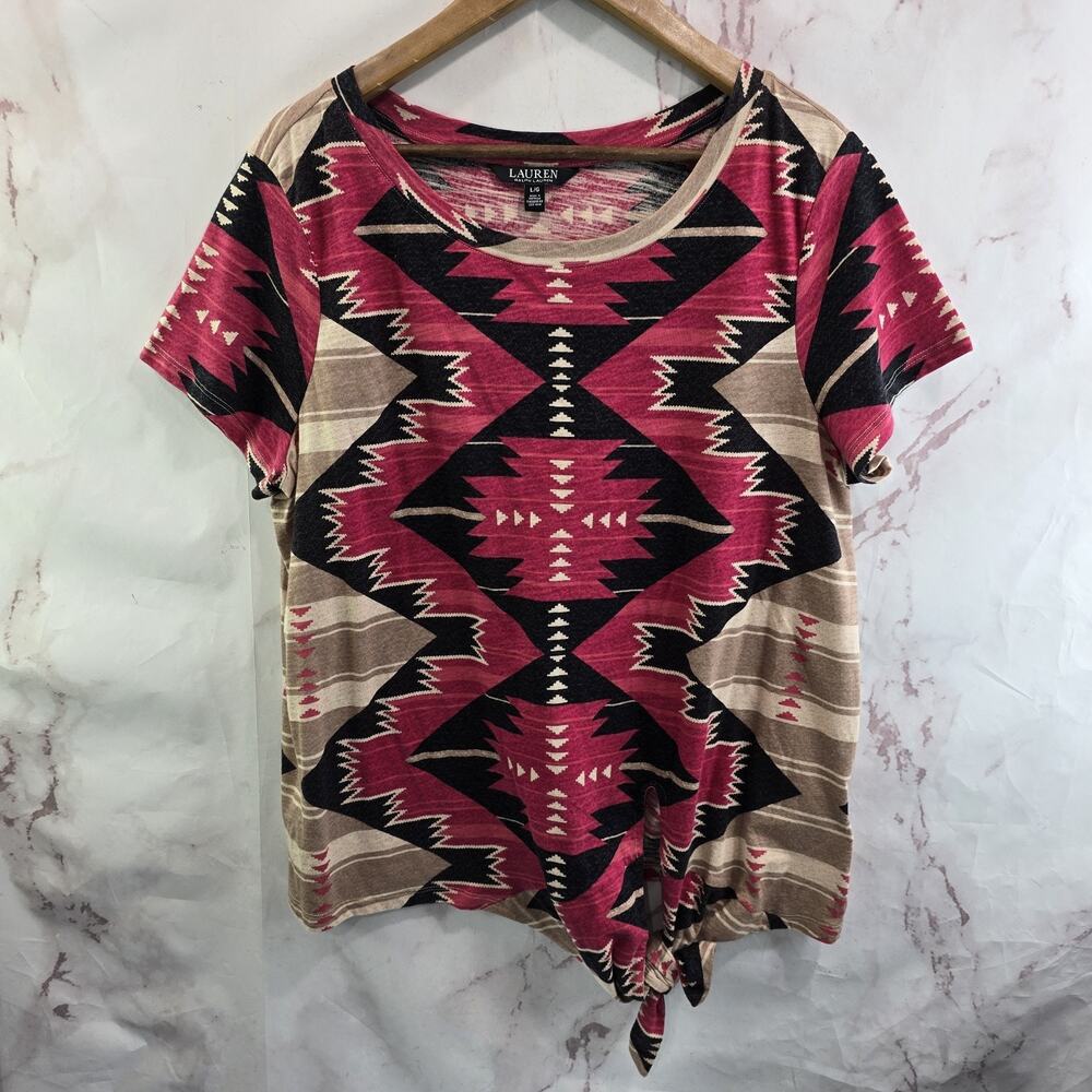 Ralph Lauren Shirt Womens Large Red Short Sleeve Aztec Geo Southwestern Tie Knot